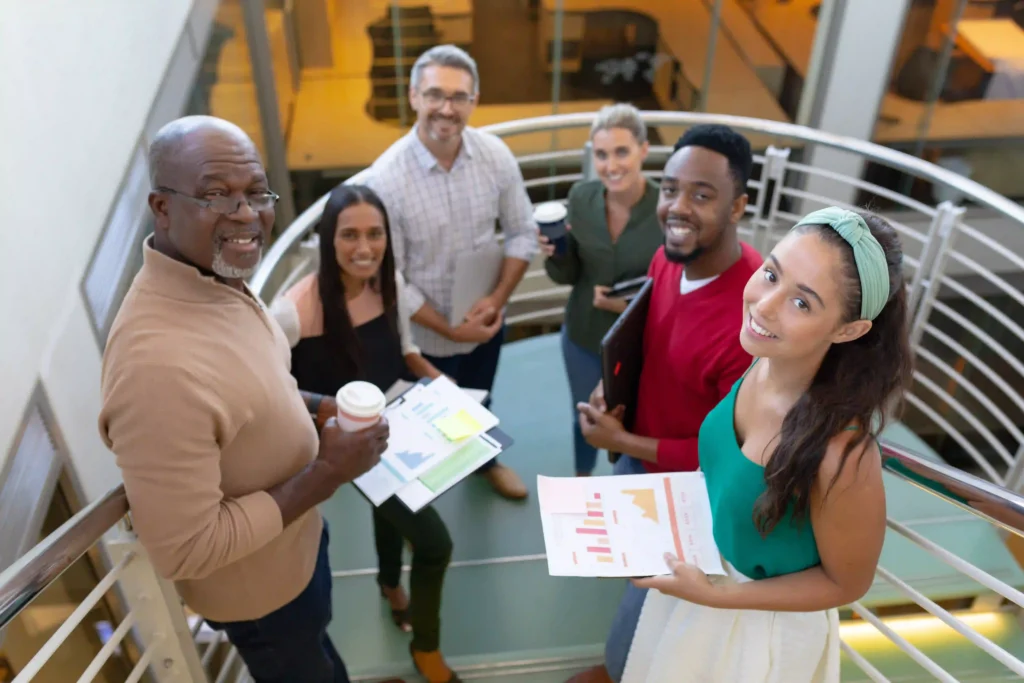 high angle portrait of smiling multiracial male